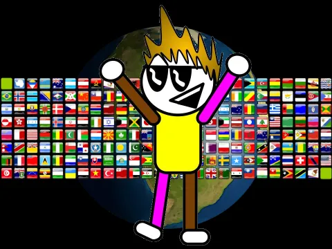 Pioumpity jumping in front of all the flags in the world because it's the best translator ever
